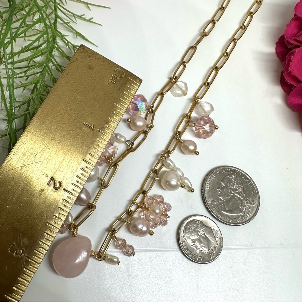 NEW⚜️Rose Quartz Freshwater Pearl & Crystal Flower Charm Necklace - Picture 7 of 8